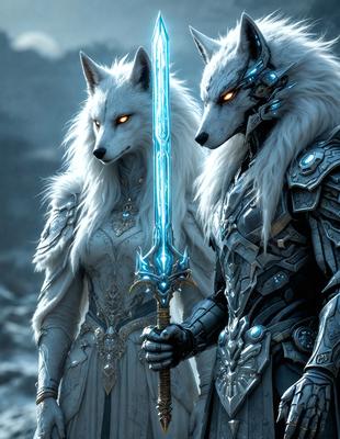The primary subject of the image is a woman and a man dressed in white, standing next to each other. They are both holding blue swords, which are the primary focus of the scene. The setting appears to be a snowy environment, with the two characters standing in front of a mountain. The visual style of the image is digital art, with the characters and swords being the main objects of the scene. The colors and mood of the image are predominantly white and blue, giving it a cold and icy atmosphere.